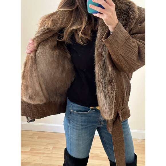 Vintage 1980s Flemington Furs Oversized Leather and Fur Winter Coat - Picture 5 of 12
